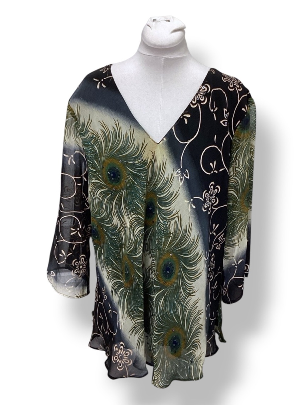 Signature JMB Women’s Plus Flowy Sheer Lined Peacock Tunic Sequins Green 3X